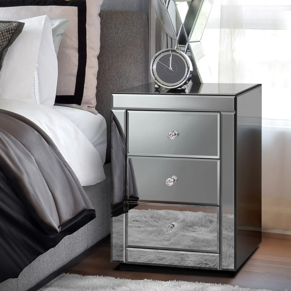 Bedside Table Mirrored Cabinet Nightstand Side End Table Drawers_1