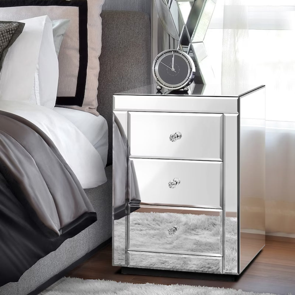 Bedside Table Mirrored Cabinet Nightstand Side End Table Drawers_2