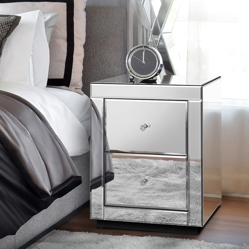 Bedside Table Mirrored Cabinet Nightstand Side End Table Drawers_4