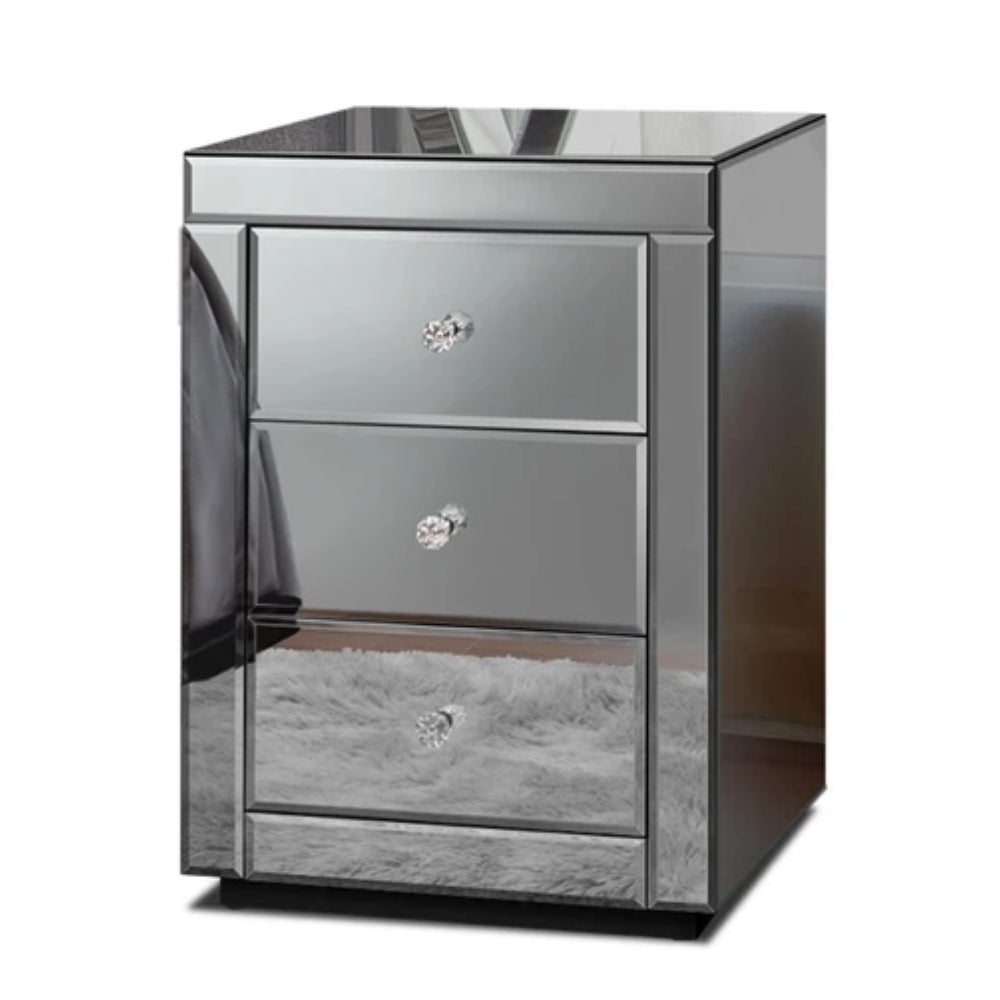 Bedside Table Mirrored Cabinet Nightstand Side End Table Drawers_7