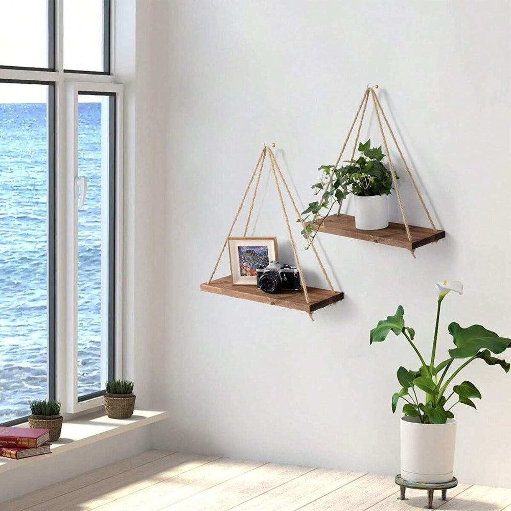 Wooden Swing Hanging Hemp Rope Wall Shelve Mounted Floating Plant Flower Pot_1