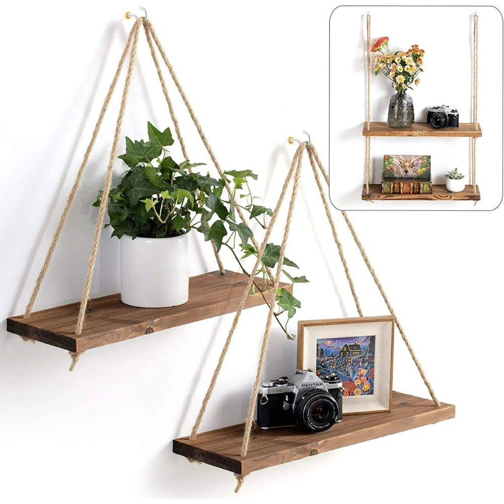 Wooden Swing Hanging Hemp Rope Wall Shelve Mounted Floating Plant Flower Pot_0