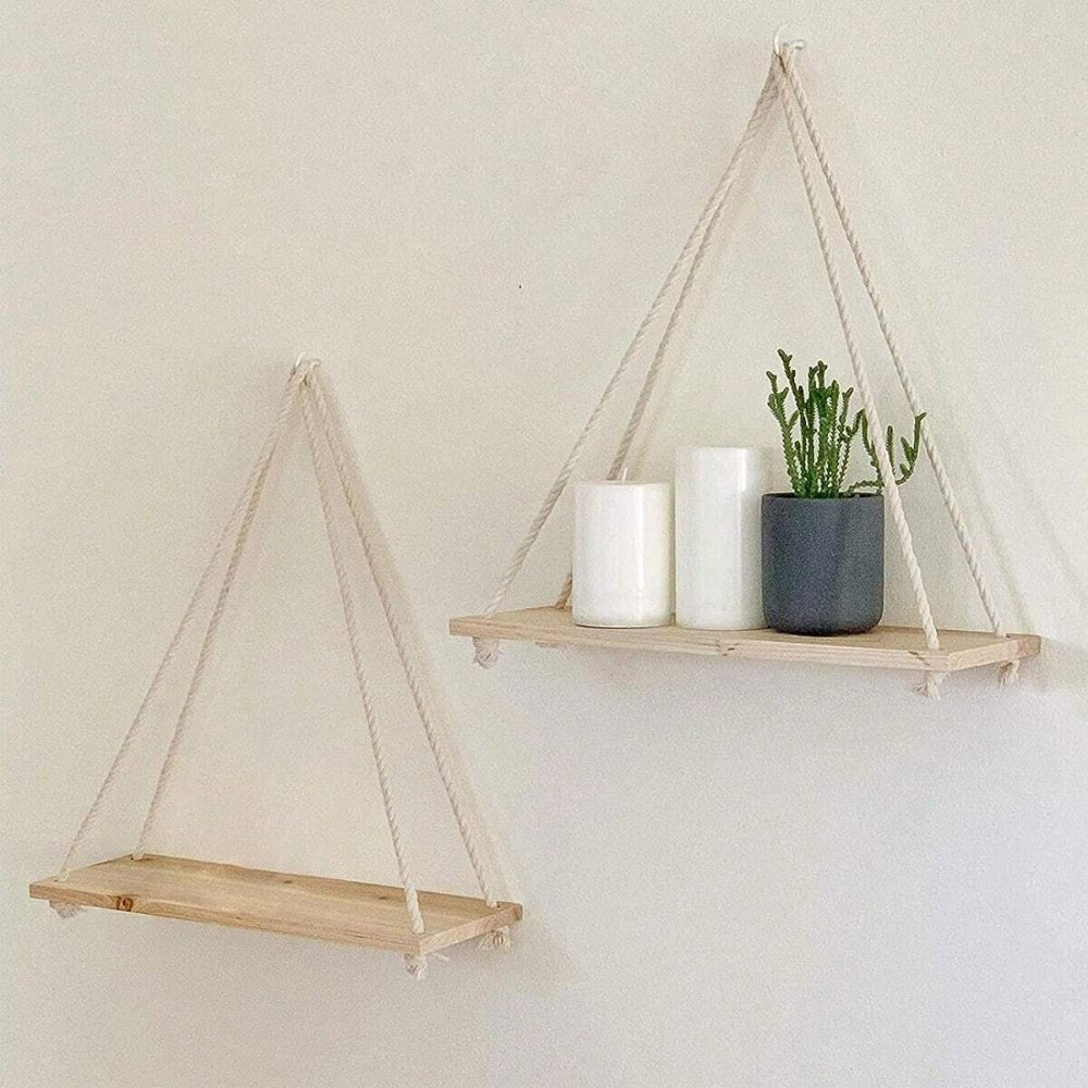 Wooden Swing Hanging Hemp Rope Wall Shelve Mounted Floating Plant Flower Pot_3