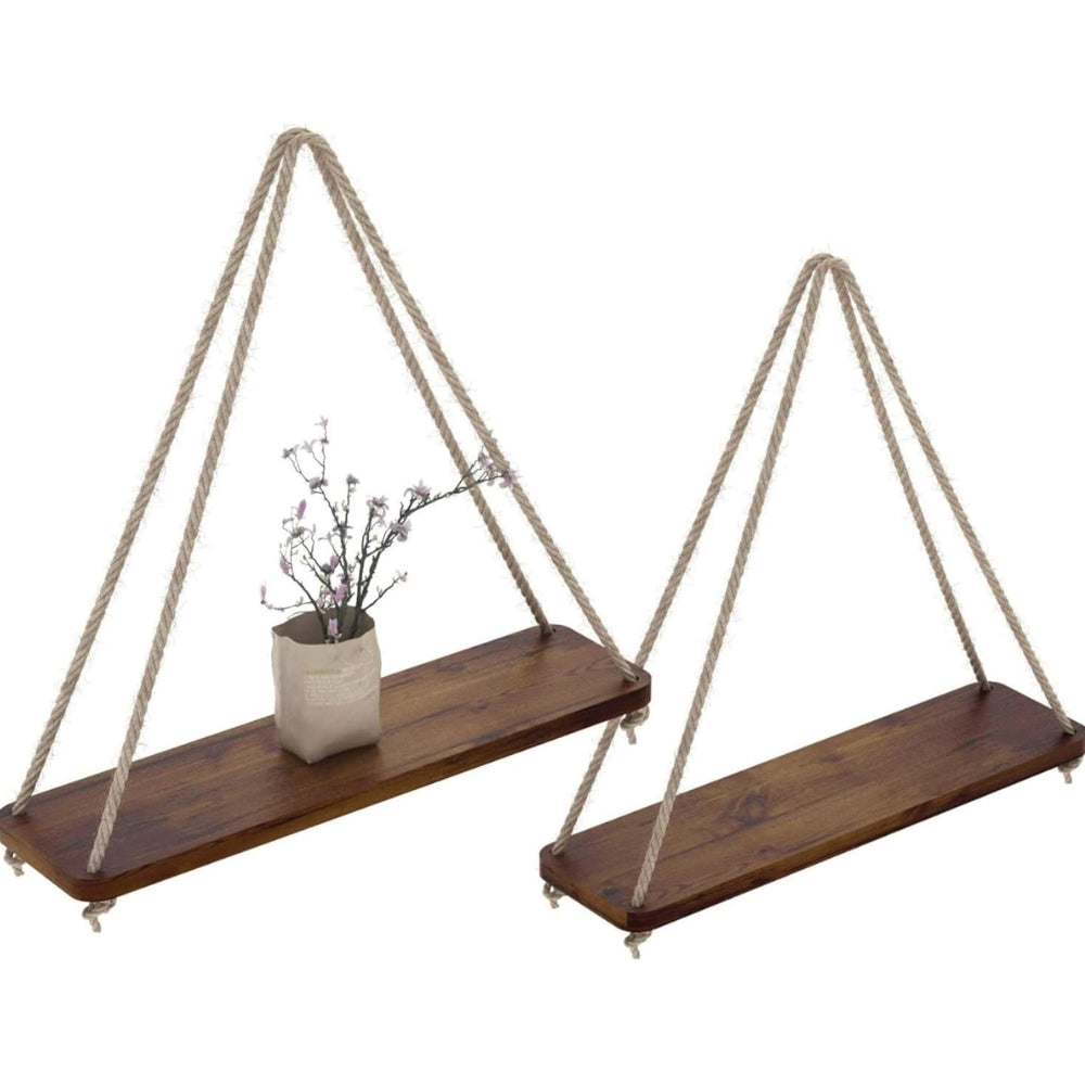 Wooden Swing Hanging Hemp Rope Wall Shelve Mounted Floating Plant Flower Pot_4