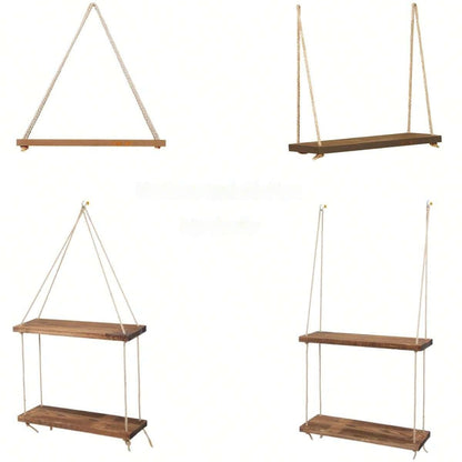 Wooden Swing Hanging Hemp Rope Wall Shelve Mounted Floating Plant Flower Pot_5