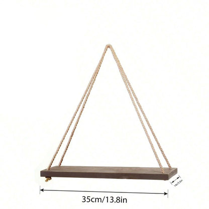 Wooden Swing Hanging Hemp Rope Wall Shelve Mounted Floating Plant Flower Pot_8