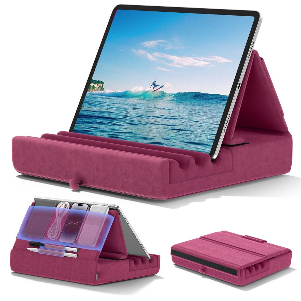 Tablet Pillow Stand Foldable Holder for iPad Pro with Soft Pad, Pocket and Stylus Mount_4