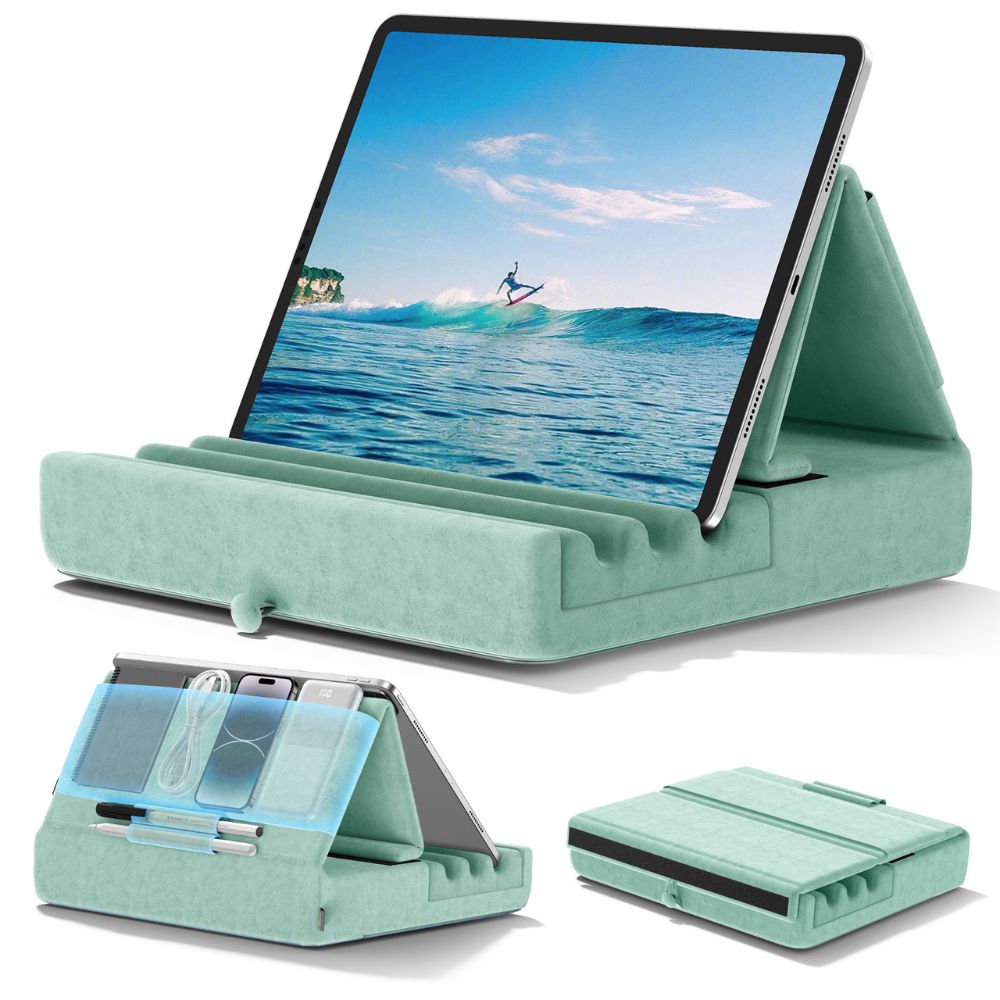 Tablet Pillow Stand Foldable Holder for iPad Pro with Soft Pad, Pocket and Stylus Mount_5