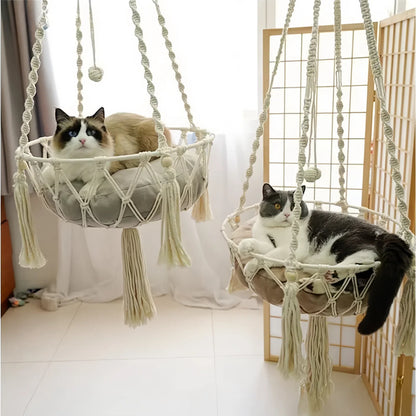 Hand Woven Cotton Cat Hammock Luxurious Hanging Basket for Indoor Kitties_3