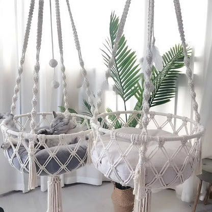 Hand Woven Cotton Cat Hammock Luxurious Hanging Basket for Indoor Kitties_1