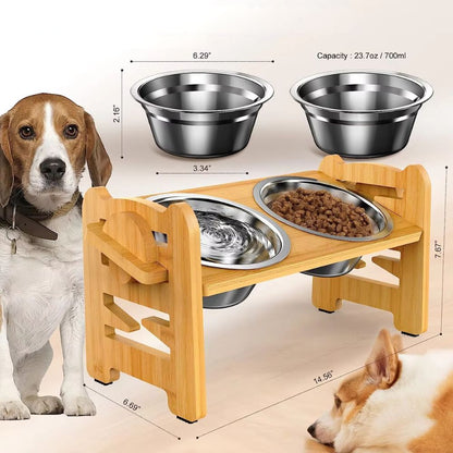 Adjustable Bamboo Elevated Dog Bowls with Stainless Steel Food Bowls_5