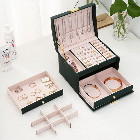 Multi Functional Three Layer Leather Drawer Style Jewelry Box Earrings Earrings Lock Jewelry Box_0