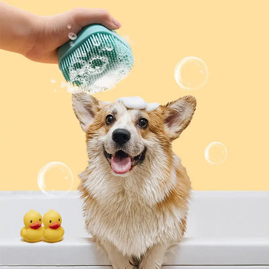 Dog Bathing Brush Pet Massage Brush Shampoo Dispenser Soft Silicone Brush_0